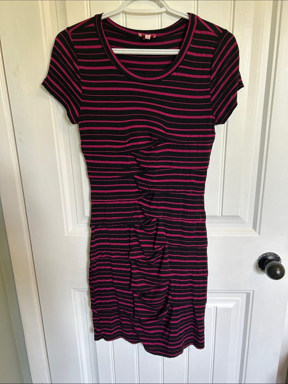 Pixley Black & Magenta Striped Ruched Midi Dress
